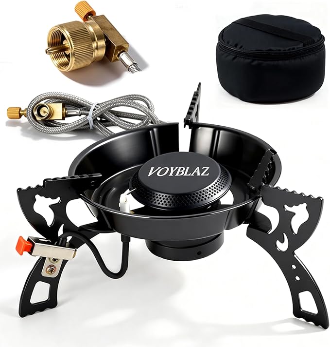 camping stove - made of 4mm carbon steel, featuring piezoelectric ignition and a 39-inch hose ideal for backpacking, hiking, and outdoor cooking
