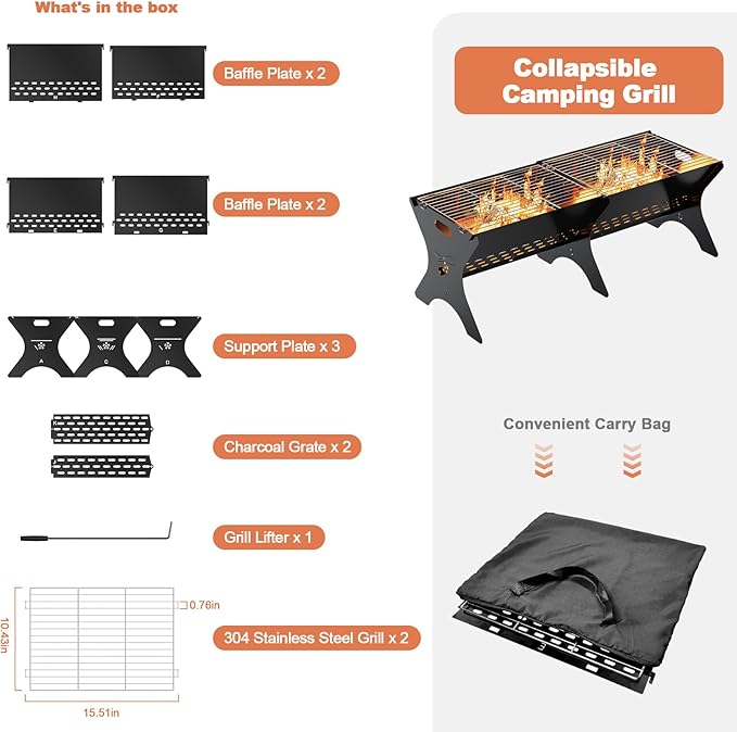 Camping Campfire Grill 2 Packs | Portable Folding Charcoal Grills, Backpacking & BBQ Grill, Heavy Duty Firepit Grate Grill with Carry Bag for Outdoor Cooking, Bonfire, Patio, Backyard-31 Inch