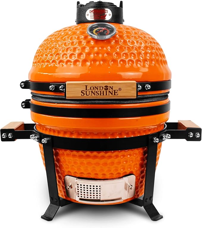 London Sunshine Ceramic Charcoal BBQ Kamado Grill Smoker - Portable Tabletop Cadet Series -Orange