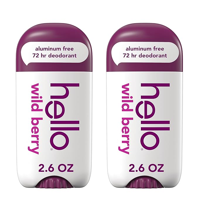 hello Wild Berry Aluminum Free Deodorant for Women and Men, 72-Hour Deodorant, Only 9 Ingredients, Baking Soda Free, Enriched with Shea Butter, Vegan, 2.6 oz Stick Deodorant (2 Pack)