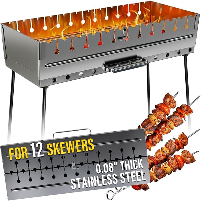 Stainless Steel Charcoal Grill for 12 Skewers – Portable BBQ 24.80"×9.45"×24.80" – Foldable Kabob Mangal – Heavy-Duty Rustproof Grill for Outdoor (Skewers Not Included)