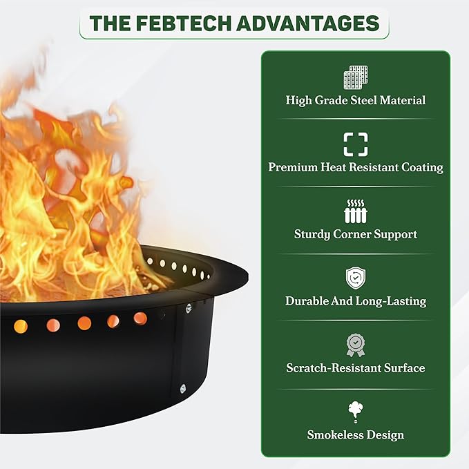 FEBTECH Smokeless Fire Ring Liner - 46" OD & 40" ID - Premium Carbon Steel FireRing with Heat Resistant Coating - DIY Portable Smokeless Fire Ring Designed for Memorable Gatherings Under The Stars