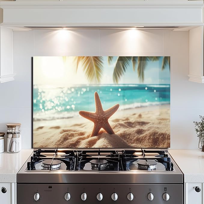 Evgosm Tempered Glass Backsplash for Kitchen， Stove Splashback, beach Glass Backsplash, Used for Kitchen Wall Protection and Decoration, Easy to Install and Clean. (30x20'')
