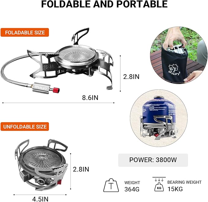 Bulin Camping Stove Backpacking Stove Portable Gas Stove with Piezo Ignition. 3800W Foldable Lightweight Cookware Outdoor Stove with Fuel Canister Adapter, Burner Kit for Camping Hiking Cooking