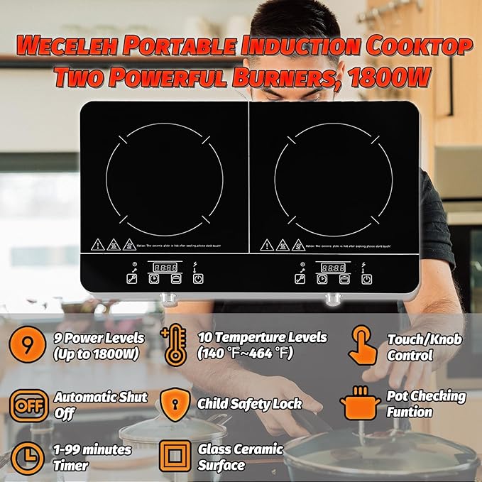 Portable Double Induction Cooktop, 1800W 2-Burner Electric Cooktop, Countertop Stove Top, Hot Plate, Induction Burner with Timer, 10 Temp Levels, Child Lock, 110V-120V Plug, Black