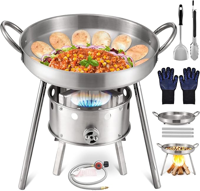AOSION Heavy Duty 21" Stainless Steel Single Burner Propane Stove with Comal Set,37,000 BTU High-Pressure Outdoor Propane Burner Cooker,Discada Disc Cooker,Great for backyard and outdoor cooking.