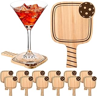 Hushee 12 Pcs Wooden Paddle Drink Coasters Set Funny Coaster Gifts with Handle for Father's Day Men Women Sports Lovers Fans Home Bar Accessories Sport Party Favors Decorations (Wood)