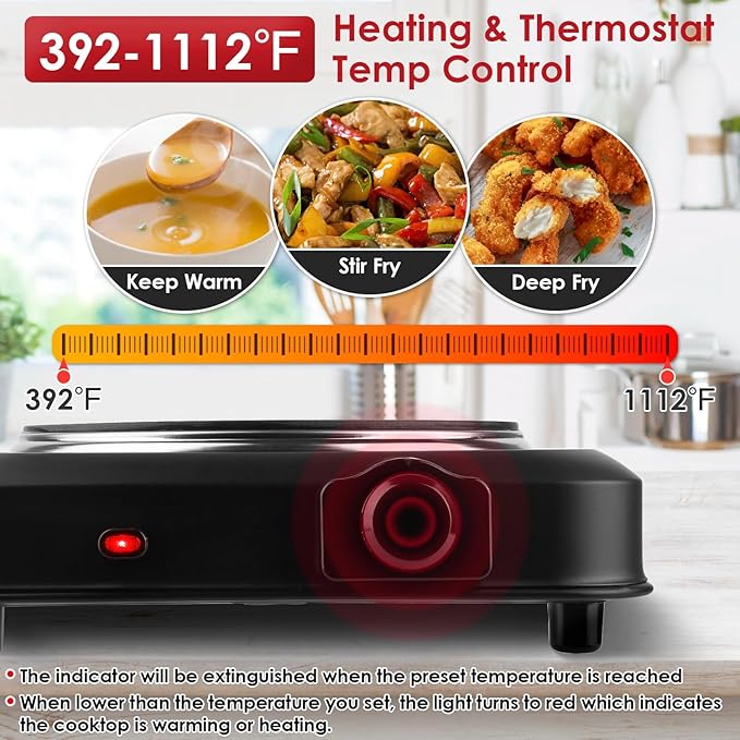 1200W Electric Infrared Single Burner Portable Heating Hot Plate Stove Countertop RV Hotplate with 7.5” Glass Cooktop Stepless Temperature Adjustments for Home RV Camp