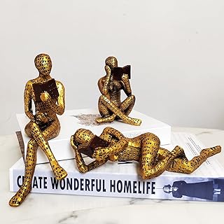 3 Pcs Reading Women Figurine,Thinker Statue,Modern Bookshelf Decor,Aesthetic Sculpture,Room Decor Modern Abstract Decoration on Shelf Table Desk for Living Room Office Bedroom(Gold)