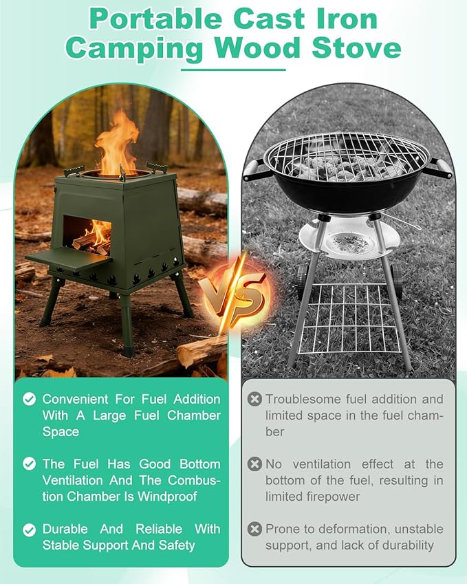 Portable Wood Burning Stove - Lightweight Cast Iron Camp Stove for Backpacking，Portable and Easy-To-Assemble Backpacking Camping Stove Kit (Green, Small)
