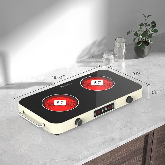 ANHANE 2200W Electric Cooktop 2 Burners: 12 Inch Portable Hot Plate Electric Stove Top - 110V/120V Double Burner Countertop with Timer, Knob Control, 9 Heating Levels, for All Cookware