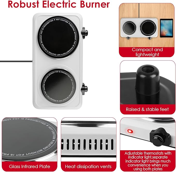 Electric Infrared Dual Burner, Portable Heating Hot Plate Stove Countertop RV Hotplate Glass Cooktop for Home RV Camp, Stepless Temperature Adjustments (Double)