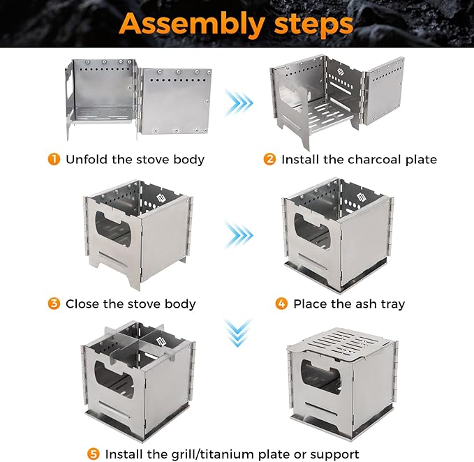 COOK'N'ESCAPE Portable Wood Burning Stove, Foldable Stainless Steel Camp Burner with Titanium Grill Plate and Ash Tray, Secondary Combustion Survival Gear for Hiking Outdoor Tent Camping Picnic BBQ
