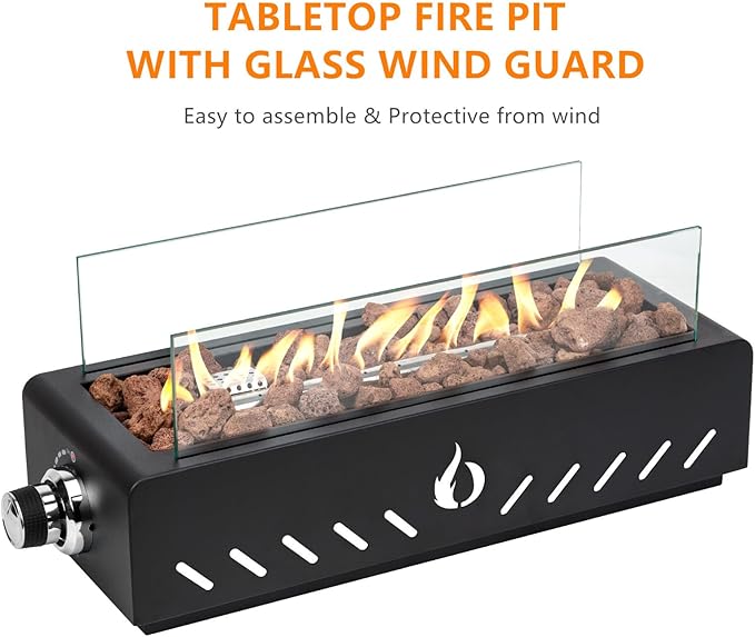 ONLYFIRE OUTDOOR LIVING 18" Propane Gas Fire Pit with Glass Wind Guard & Lava Rocks, Portable Tabletop Smokeless Firepit Side-Mounted for Patio Backyard Camping Tailgating RV, Hose Included, FP026