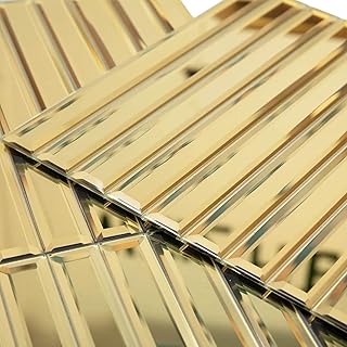 Diflart Beveled Mirror Backsplash Tiles for Kitchen, Gold Strip, 12x12 Inch, Mirror TIile for Bathroom Accent Wall, Pack of 5 Sq.ft