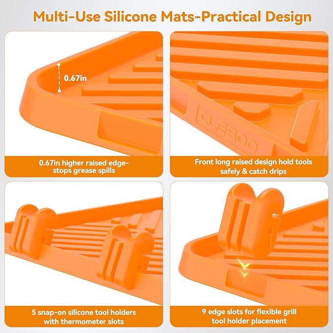 Silicone Griddle Tool Mat for Blackstone Side Shelf with 5 Removable Silicone Grill Tools Holders–Spatula Holders & Utensil Rests with Thermometer Slots, Drain Mat for BBQ Accessories Orange 12x16Inch