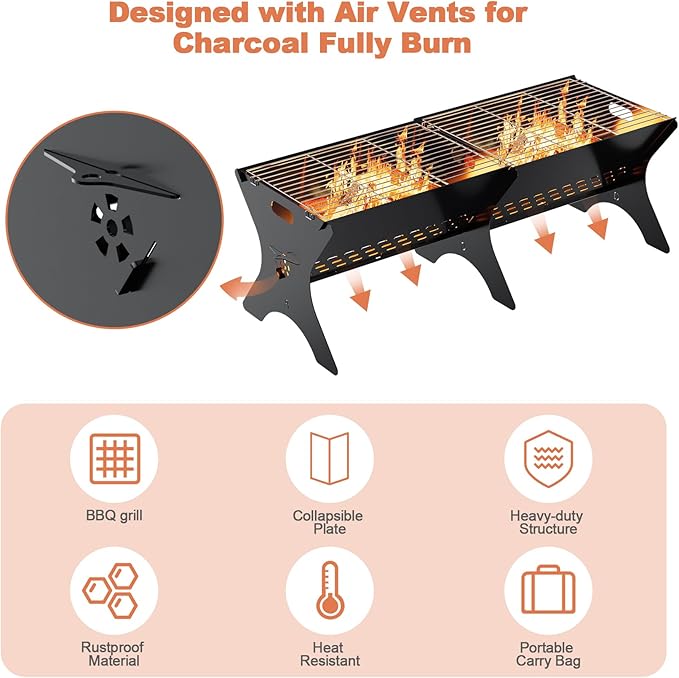 Camping Campfire Grill 2 Packs | Portable Folding Charcoal Grills, Backpacking & BBQ Grill, Heavy Duty Firepit Grate Grill with Carry Bag for Outdoor Cooking, Bonfire, Patio, Backyard-31 Inch