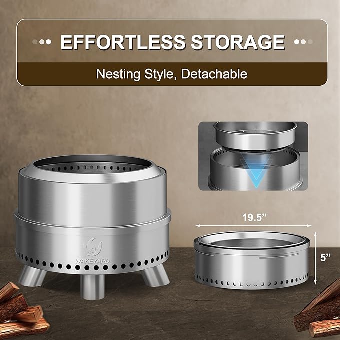 Smokeless Fire Pit, 19.5 Inch Portable Smokeless FirePit for Outside with Fire Poker and Carry Bag, Stainless Steel FirePit, Easy Setup and Storage, Sliver