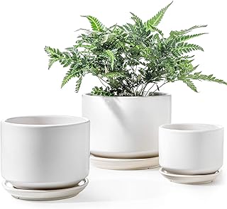 LE TAUCI Ceramic Pots for Plants, 4.3+5.3+6.8 Inch Plant Pots, Set of 3, Planters with Drainage Hole and Saucer, Indoor Flower Pot with Hole Mesh Pad, Gifts for Mom, White