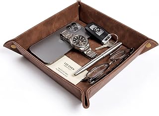 CoBak Leather Valet Tray for Men, Premium PU Leather Catch-All Tray for Entryway Table Key, Phone, Wallet, Coins & Jewelry, Bedside Nightstand Desk-top Catchall (Brown)