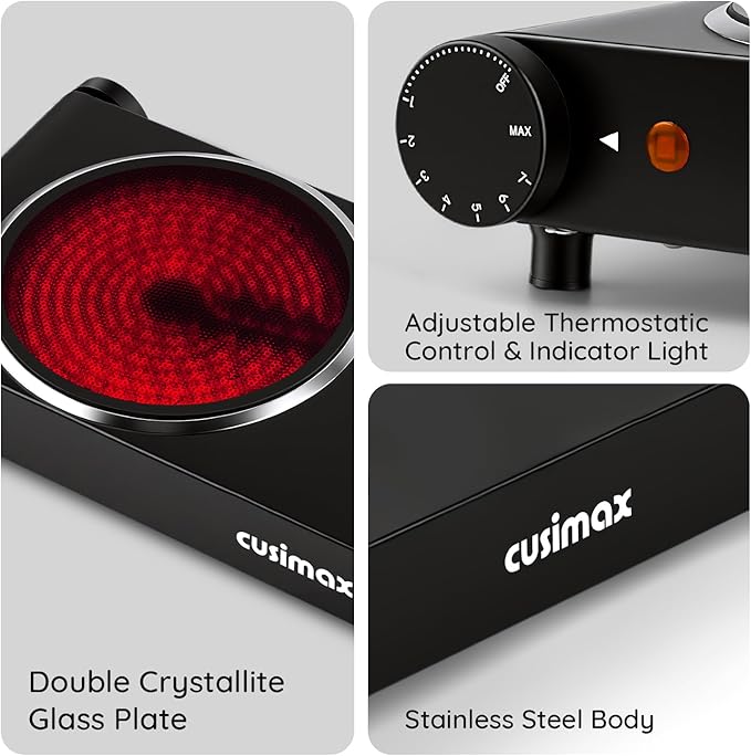 CUSIMAX Double Burner, 1800W Electric Burner Ceramic Hot Plate for Cooking, Dual Control Infrared Burner, Glass Plate Electric Cooktop, Stainless Steel-Upgraded Version