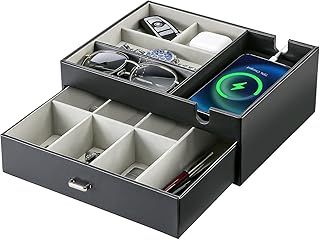 ProCase 2 Layers Valet Tray Gift for Men, Nightstand Organizer EDC Dump Catchall Trays with Phone Charging Station, Dresser Top Table Beside Entryway Storage Box -Black