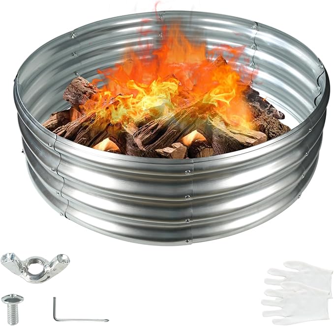 YSEJOMP 36 Inch Round Galvanized Fire Pit Ring/Fire Ring - Foldable and Perfect for Outdoor Gatherings and Campfires in the Yard/Garden/Park/Beach (3 FT Diameter, Silver)