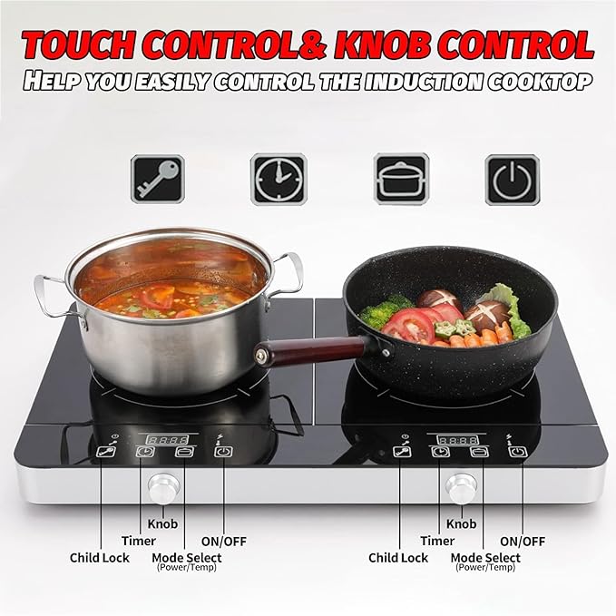 Portable Double Induction Cooktop, 1800W 2-Burner Electric Cooktop, Countertop Stove Top, Hot Plate, Induction Burner with Timer, 10 Temp Levels, Child Lock, 110V-120V Plug, Black