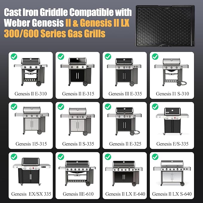 Cast Iron Griddle for Weber Genesis II 300 Series Replacement for Genesis II E-310 E-315 E-325 E-330 E-335 S-310 S-335 S-345 & LX 300 (2017+), 18.75" x 13.25" Flat Top Grill Plate 66095 66802 66805