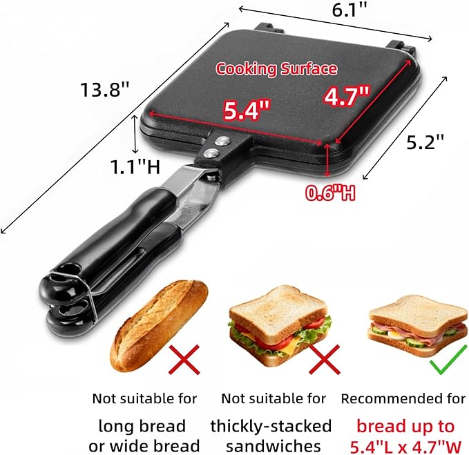Cididu Hot Sandwich Maker, Grilled Sandwich Toaster for Small Bread Pancake, Double Sided Non-Stick Frying Pan, Stovetop Sandwich Grill Press Flip Pan for Camping Kitchen (Inside 5.4" L x 4.7" W)