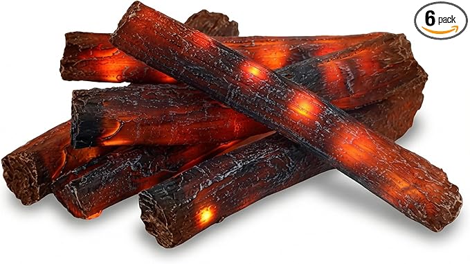 Tuanse 6 Pcs 13 in Flameless Fake Fire Log Spring Summer Beach Camping Themed Party Decorations Fake Campfire Battery Operated Artificial Fire Pit for 4th of July Easter Party Decor