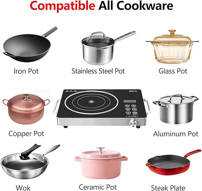 Electric Cooktop Hot Plate, 2200W 110V Electric Single Burner with 2H Timer, Adjustable Temperature for Countertop Cooking, Portable Stove Top Infrared Cooker, Compatible for All Cookwares