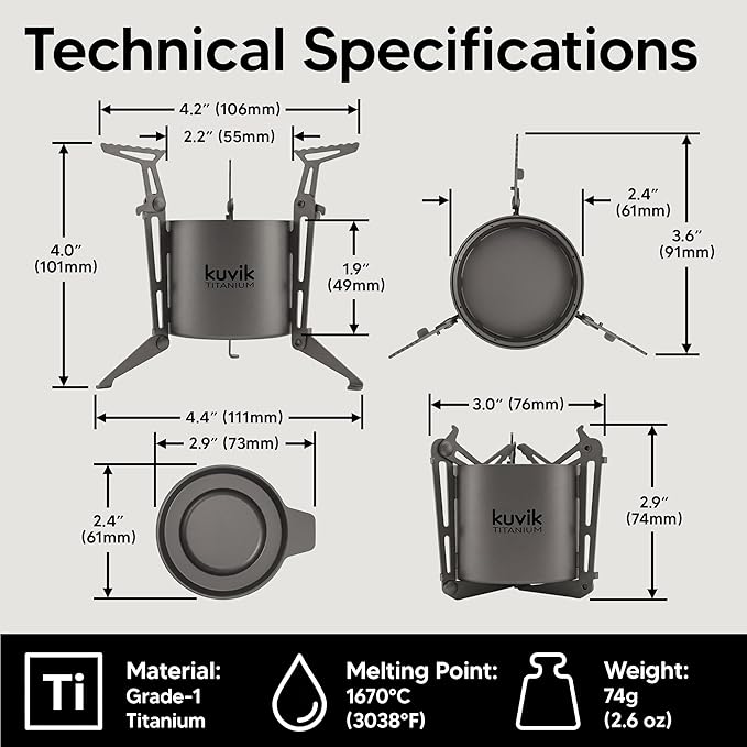 Kuvik Titanium Siphon Alcohol Stove with Folding Legs - Ultralight and Compact Stove for Backpacking, Camping, and Survival