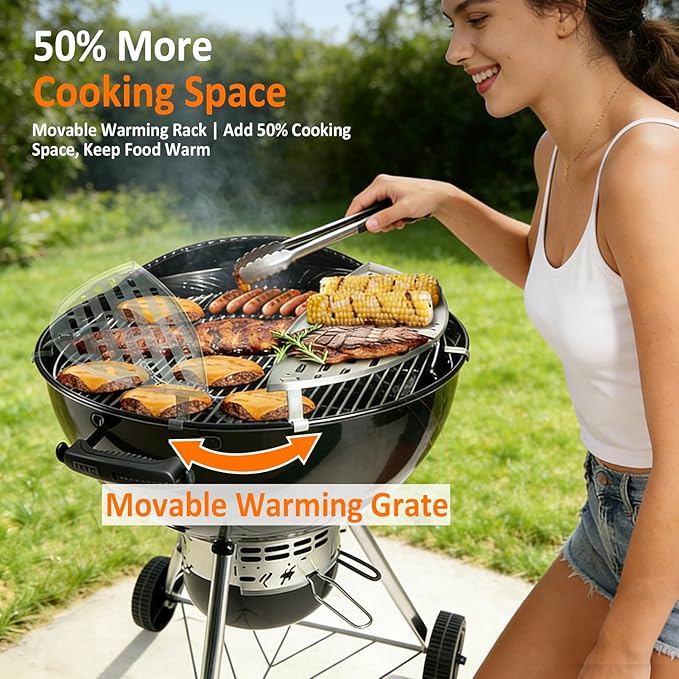 Patented Movable Warming Rack for 22 Inch Kettle Grill 304 Stainless Steel BBQ Warming Grid Compatible with Weber, Nexgrill, Napoleon and Other 22" Kettle Charcoal Grills