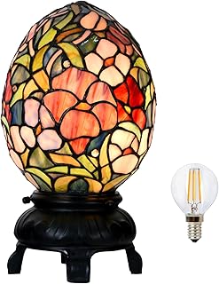 A0015 Tiffany Style Stained Glass Egg Table Lamp – Floral Pattern Decorative Night Light, 6.75" W x 12" OH for Bedroom Living Room Home Office, Vintage Accent Lamp,LED Bulb Included