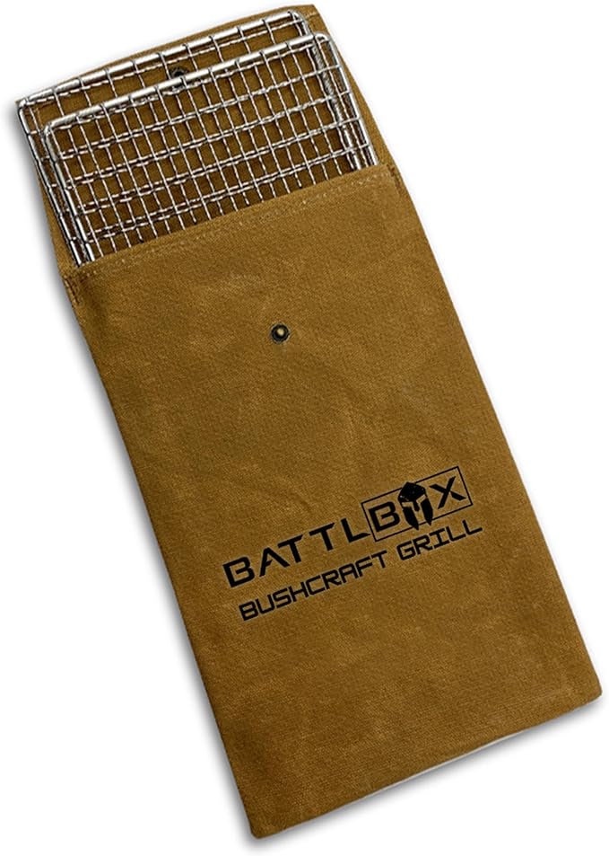 BattlBox Bushcraft Grill Stainless Steel Campfire Cooking Grate (2-Pack) Portable Camping Grate for Fire Cooking BBQ - Canvas Carrying Bag - Welded Mesh Grill Grate - Backpacking, Camping, Hiking