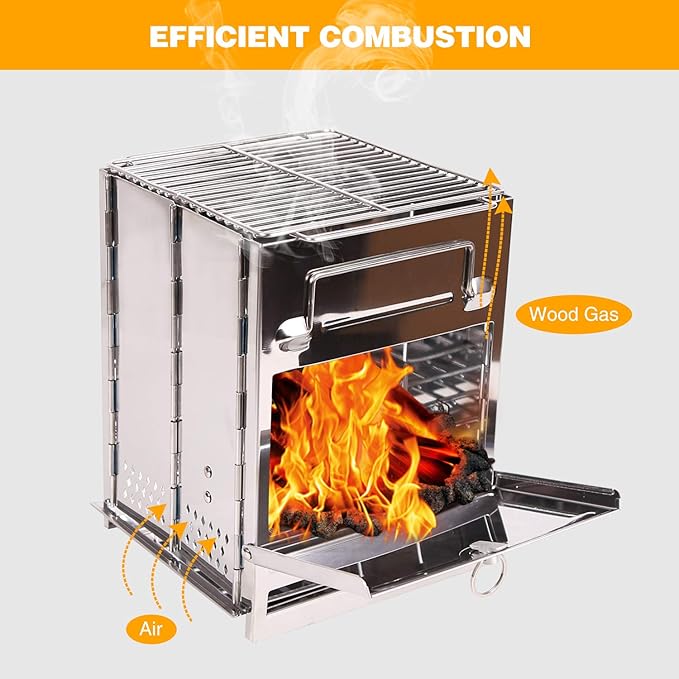 Large Portable Folding Camping Wood Stove for Outdoor Cooking, Sturdy Lightweight 304 Stainless Steel Wood Burning Camp Stove with Grill for Backpacking BBQ Silver
