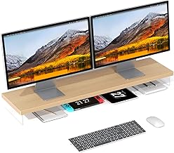 Dual Monitor Stand Riser, 40" Large Computer Monitor Stands for 2 Monitors, Wooden Desktop Organizer Shelf for Office Desk Computer, Laptop, TV, Monitor, Printer