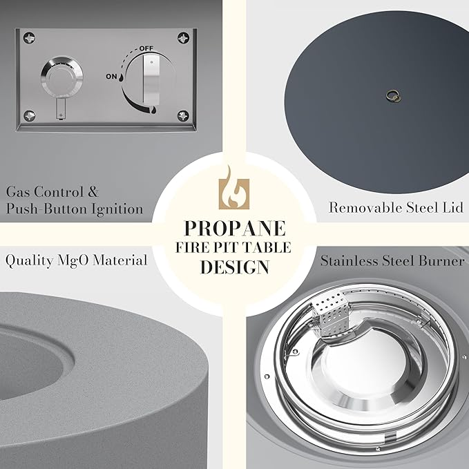 32.5 Inch Propane Fire Pit Table, 50,000 BTU Round Patio Fire Pit Table Outdoor, CSA Certified, Stainless Burner with Steel Lid, Waterproof Cover & Lava Rocks, for Garden Backyard, Gray