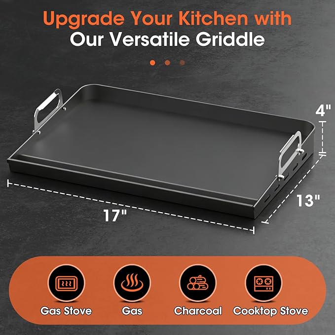 EUTRKei 17" x 13" Nonstick Griddle for Gas Grill, Heavy-Duty Cast Iron Griddle for Stove Top with Grease Groove, Reinforced Flat Top & Effortless Cleanup, for Parties, Camping &Tailgating