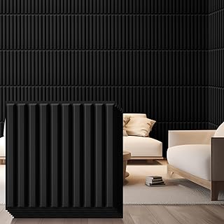 Nuanchu 32 Pcs 3D Wall Panels for Interior Wall Decor, 12''x12'' Fluted Textured Black Accent Tiles Waterproof Paintable for Living Room TV Background Bedroom Bathroom Gaming Room, 32 Sq. ft Coverage
