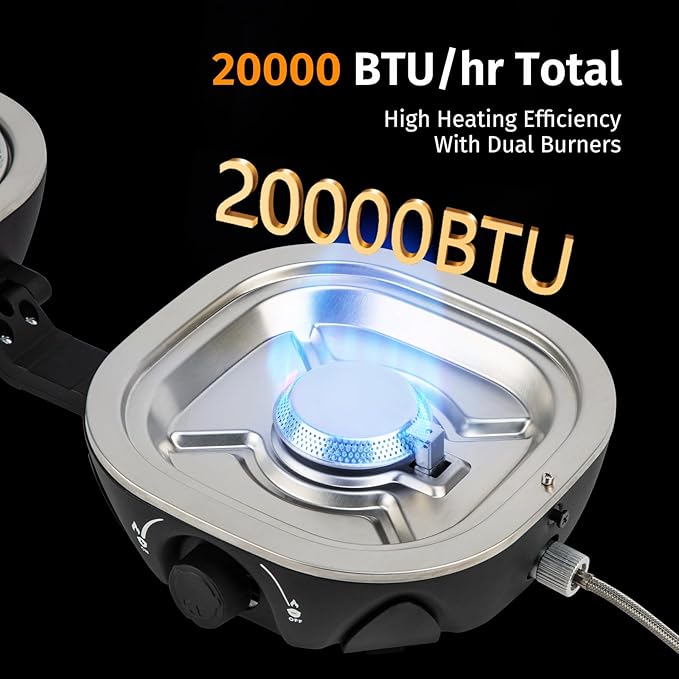 INFOOD Propane Camping Stove 20,000 BTU - Portable 2 Burner Gas Stove with Adjustable Flame Control, Piezo Ignition, Carry Bag & Propane Adapter Hose, Folding Design for Camp, BBQ, Tailgating, Black