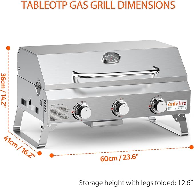 Tabletop Gas Grill 3 Burners, Portable Propane BBQ Grill with Foldable Legs & 22" Stainless Steel Grate for Outdoor Patio Backyard Barbecue, Camping Tailgating RV, 24000BTU High Output, Classic GS307