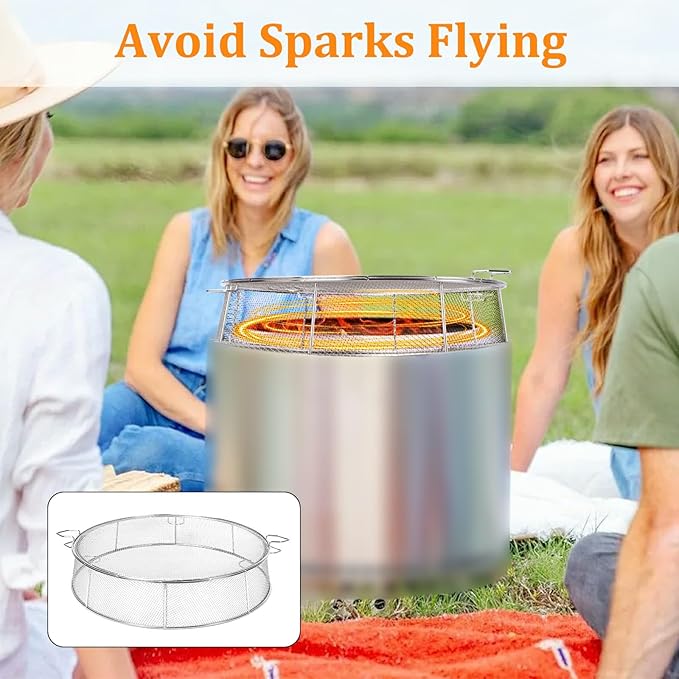 Fire Pit Spark Shield Cover for Solo Stove Bonfire, 304 Stainless Steel Spark Screen for 19.5 Inch Solo Stove Bonfire, Firepit Lid with Cooking Grate & Guild Stick for Outdoor Patio Fire Pits Backyard