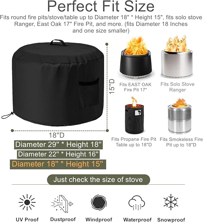 Falezern Outdoor Smokeless Fire Pit Cover Round 18 Inch, Waterproof, Cover Compatible with Solo Stove Ranger, and more