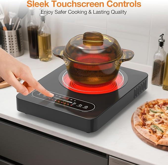 Electric Cooktop, 1800W Portable Electric Stove with LED Touch Control, Single Burner Infrared Hot Plate with Child Safety Lock, 99 Timer and Overheat Protection for Dorm Home RV Camping