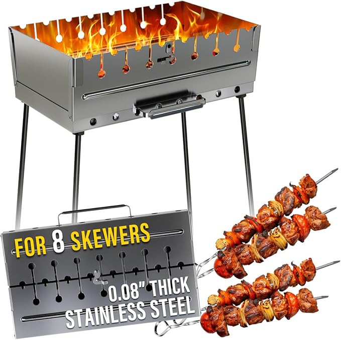 Stainless Steel Charcoal Grill for 8 Skewers – Portable BBQ 16.93"×9.45"×16.93" – Foldable Kabob Mangal – Rustproof Shish Kebab Grill for Outdoor Cooking (Skewers Not Included)