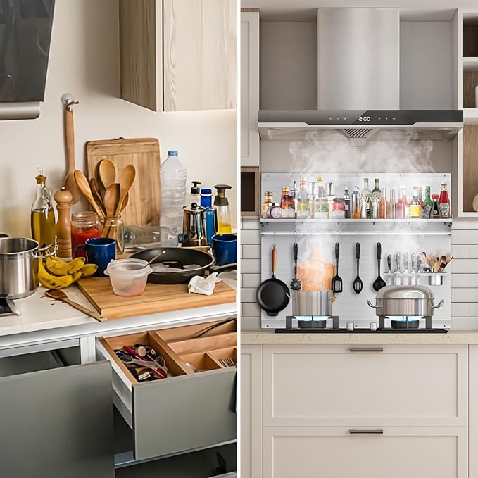 36"x24" Stove Backsplash, Stainless Steel Range Backsplash with Storage Shelf & Hooks - Easy Install Kitchen Splash Guard Wall Panel