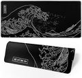 Japanese Gaming Mouse Pad Black Mouse Pad Kanagawa Large Mousepad Non-Slip Rubber Base Waterproof with Stitched Edges for Gaming Office Home, 31.5x11.8 Inch (Black Wave)