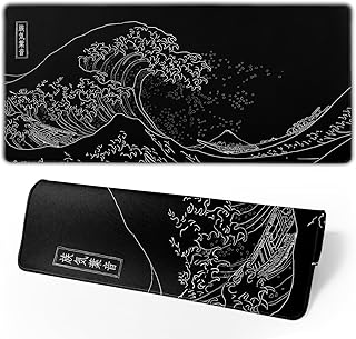 Japanese Gaming Mouse Pad Black Mouse Pad Kanagawa Large Mousepad Non-Slip Rubber Base Waterproof with Stitched Edges for Gaming Office Home, 31.5x11.8 Inch (Black Wave)